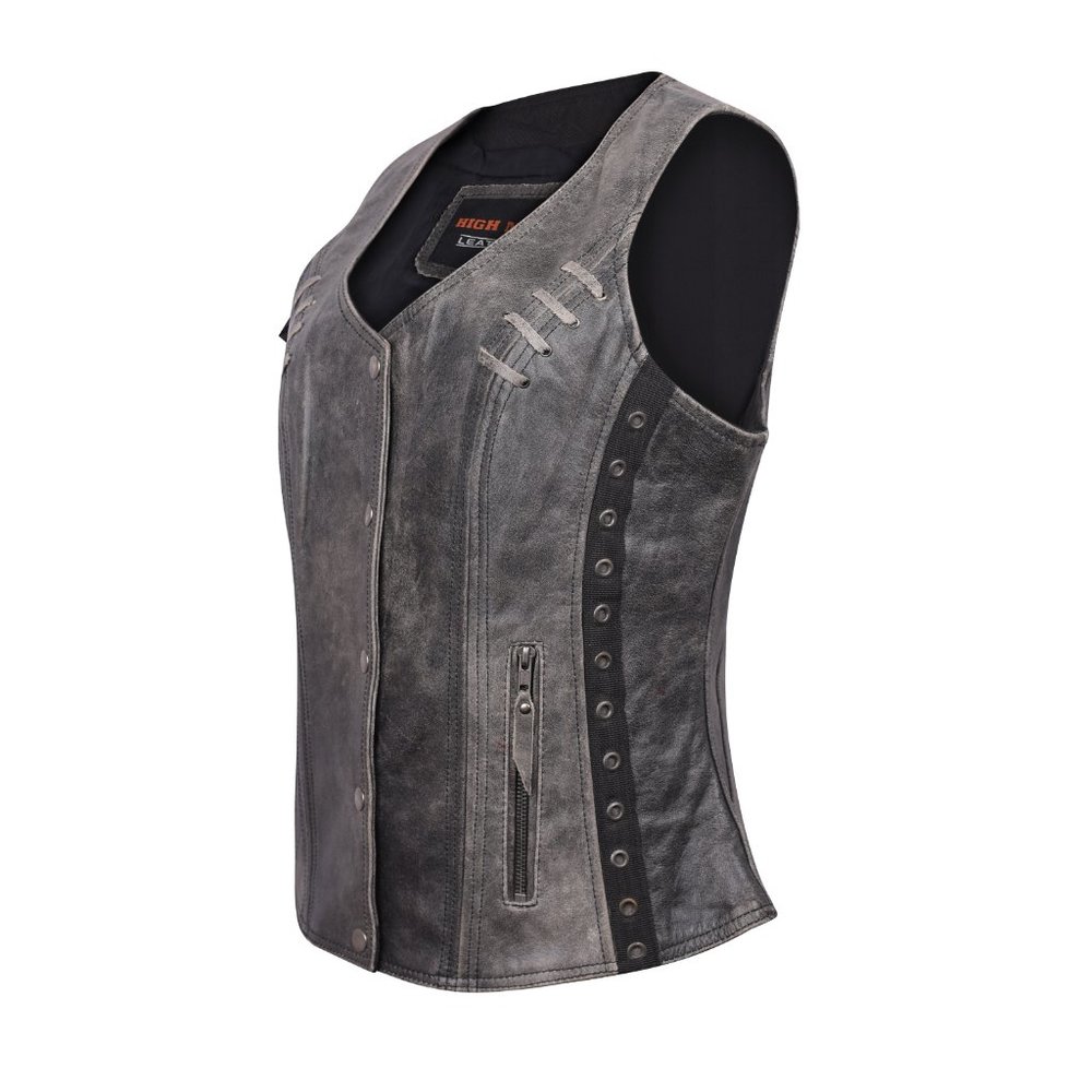 Ladies Lightweight Distressed Gray Leather Vest with Grommeted Twill and Lace - Picture 9 of 12